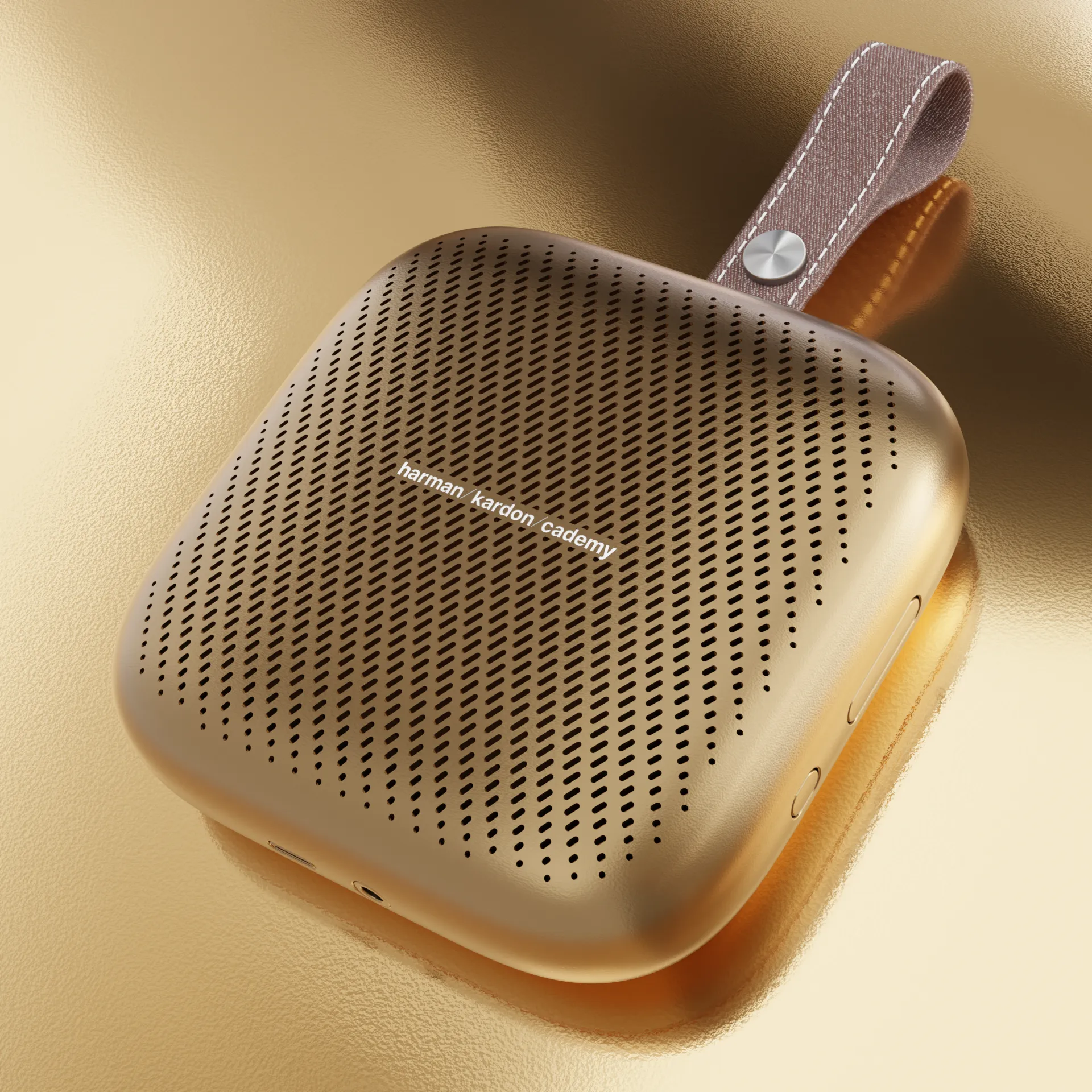 Photo-realistic 3D product render of a gold speaker